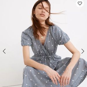 Madewell Embroidered Gingham Faux-Wrap Tie-Waist Midi Dress size medium